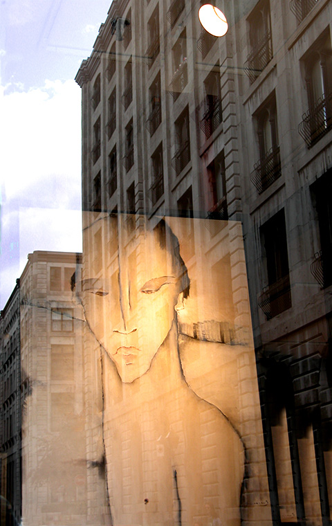The painting by Qubec artist Diane Desmarais was hanging in the window of an art gallery in Old Montreal, and takes on a new life against the sky and streetscape in Palimpsest, Montreal.